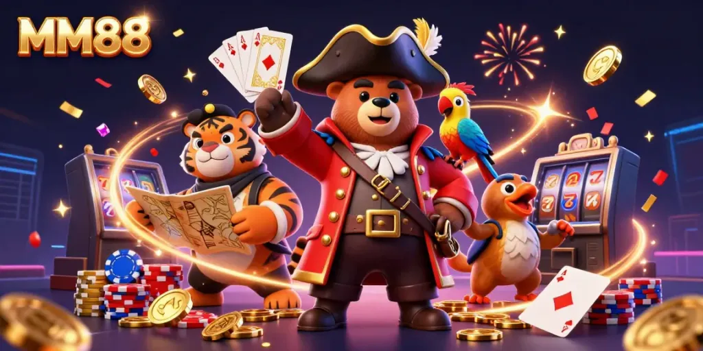 Engage with MM88's exciting casino experience featuring dynamic character interactions and golden treasures.