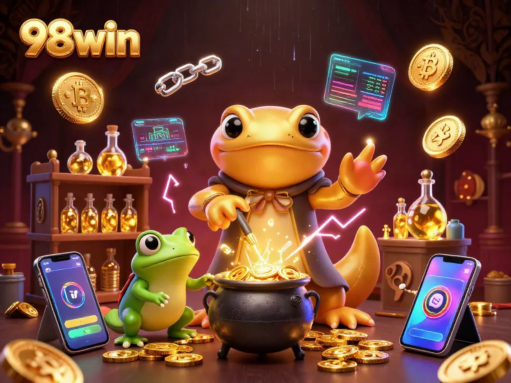Transmute winnings with 98win's enchanting casino experience, featuring vibrant gold mining and crypto elements.