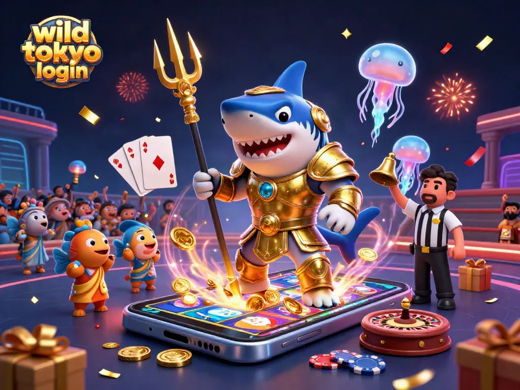 wild tokyo casino login scene with a golden trident-wielding shark and interactive slots.