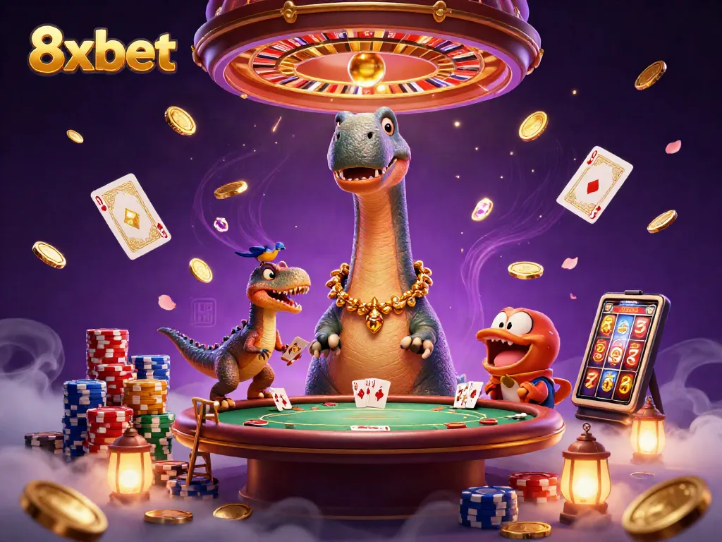 Experience the action at 8xbet with a unique casino scene featuring a cartoon brontosaurus and raptor dealer.