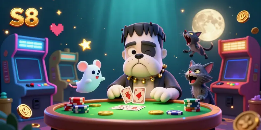 S8 casino scene with a Frankenstein bulldog dealing cards at a green-lit table, featuring vibrant gaming elements.