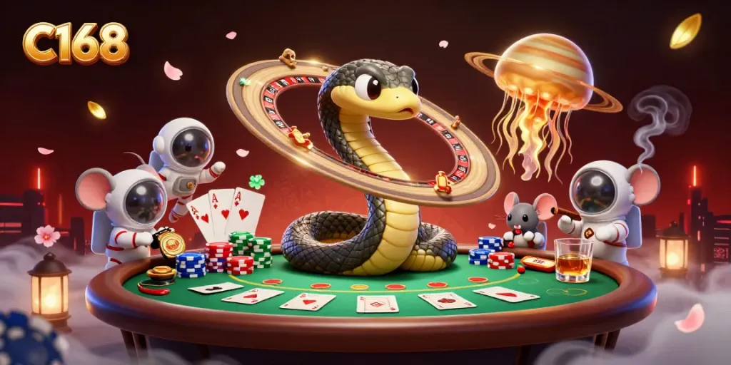 Experience thrilling moments at C168 with an engaging cosmic casino scene filled with action and excitement.