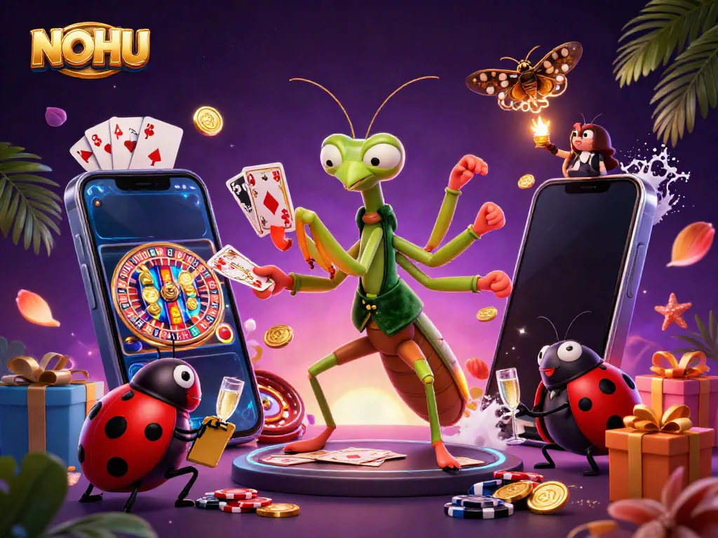 Engaging NOHU illustration of a card sharp and pit boss, featuring vibrant casino elements and energy.