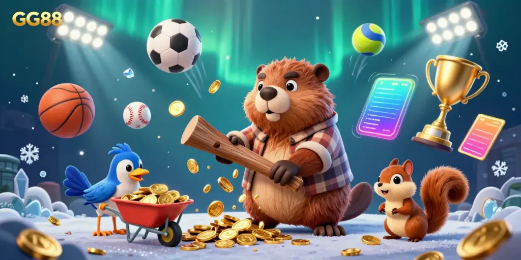 Experience the excitement of GG88 with this vibrant casino-themed illustration showcasing a beaver and friends amidst golden coins and sports elements.