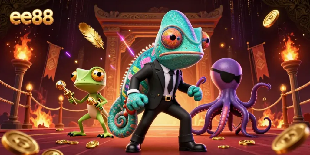Experience thrilling gaming with ee88, featuring a chameleon agent, tech gecko, and octopus amid casino elements.