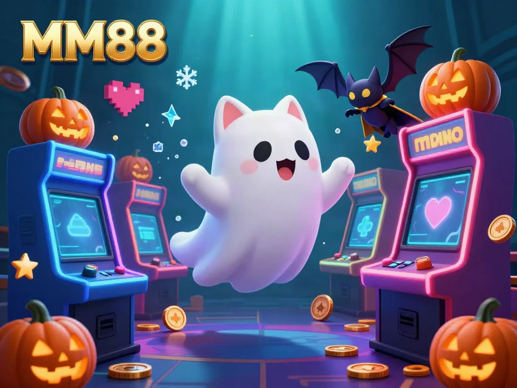 Float with MM88's ghost cat in this vibrant 3D illustration, capturing casino thrill and excitement.