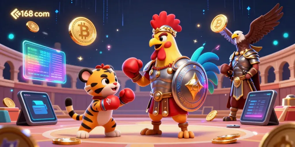 Experience the excitement of c168 com in this dynamic 3D casino scene featuring a gladiator rooster, tiger cub, and eagle.