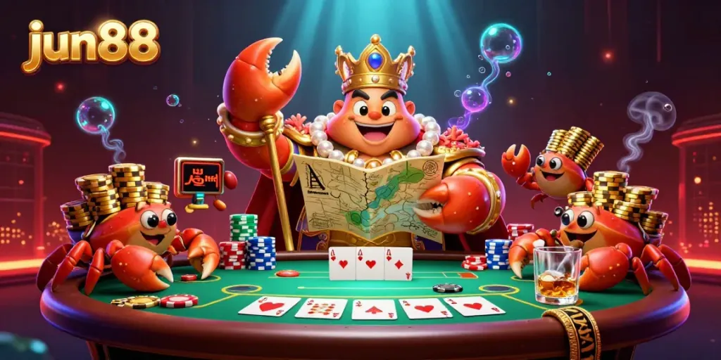 Engage in thrilling poker action at jun88 casino with 3D golden crab emperor and vibrant game elements.