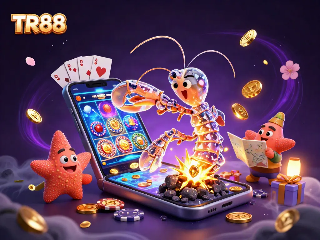 Experience thrilling gaming with TR88 in a vibrant digital casino scene filled with gold and excitement.