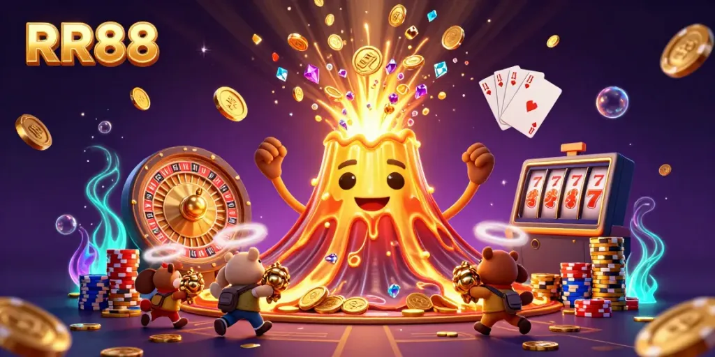 Experience the thrilling RR88 gaming world with golden treasures and exciting casino elements in a vibrant illustration.