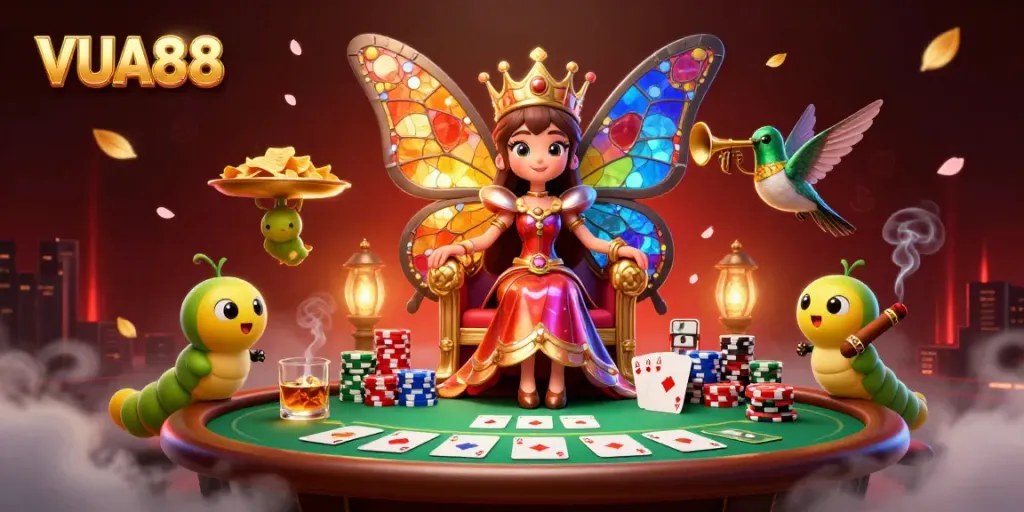 VUA88 showcases an engaging 3D cartoon scene with a butterfly queen, poker elements, and vibrant casino details.