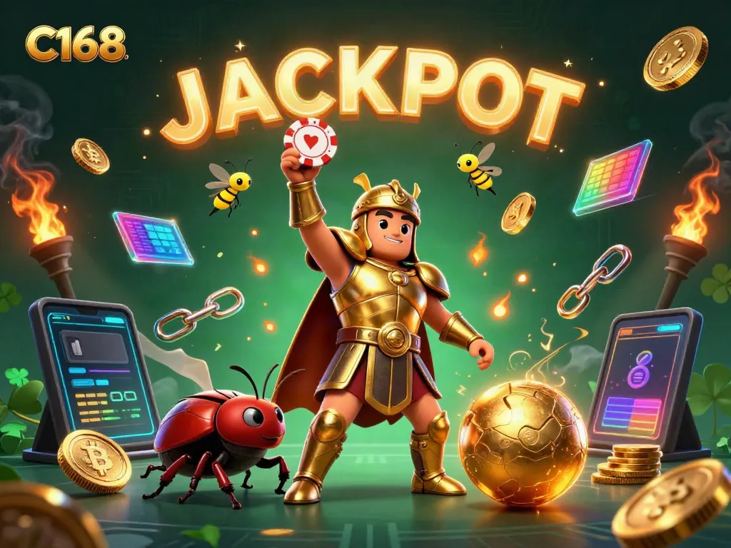 Experience excitement at C168 with a cartoon beetle winning at poker in a vibrant casino scene.