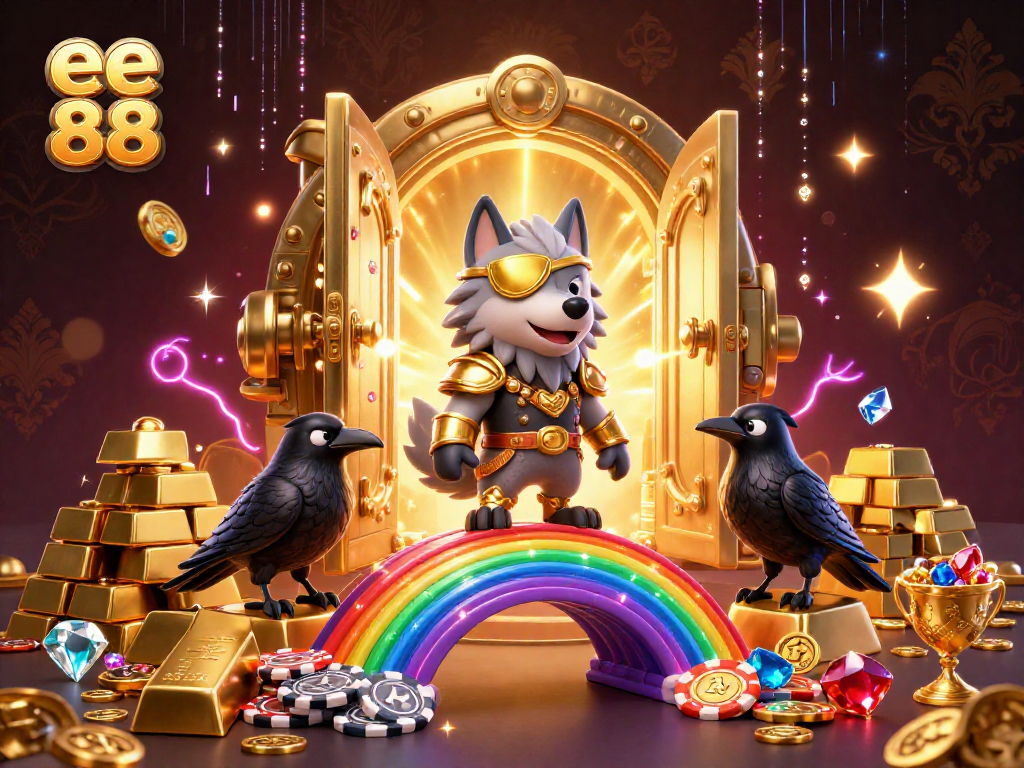 Experience the excitement at ee 88 with Norse-inspired characters amidst a casino chip rainbow.