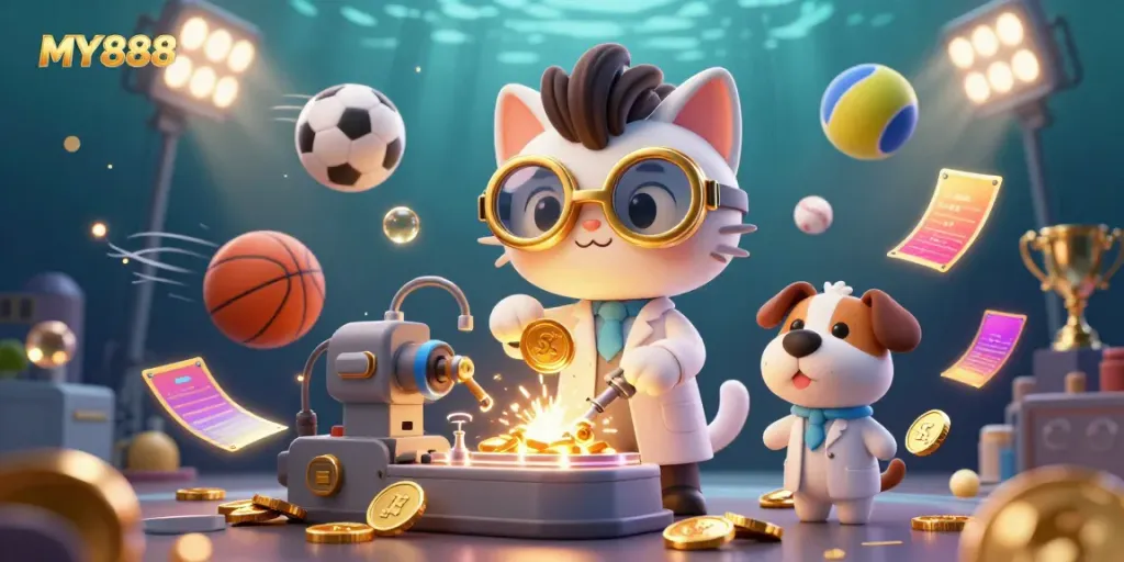 Experience the thrill of MY888 gaming with a lively 3D scene featuring mad scientist characters amidst dynamic sports elements.