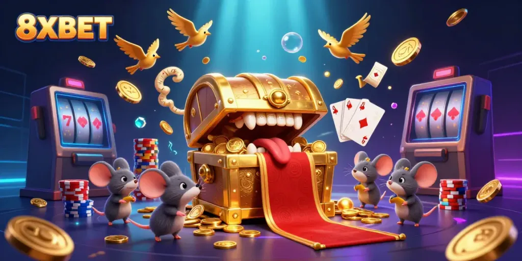 Engaging scene of 8XBET promoting gambling excitement with gold coins, treasure chest, and festive game elements.