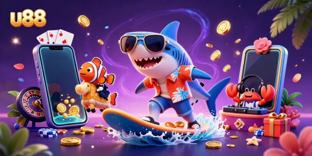 Experience the excitement of u88 with a vibrant scene featuring a surfing shark and dazzling casino elements.